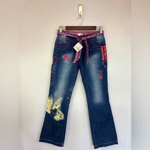 MARKS & SPENCER Girl Boho Distressed Jean Denim Pant NEW Boutique Pink Embroider